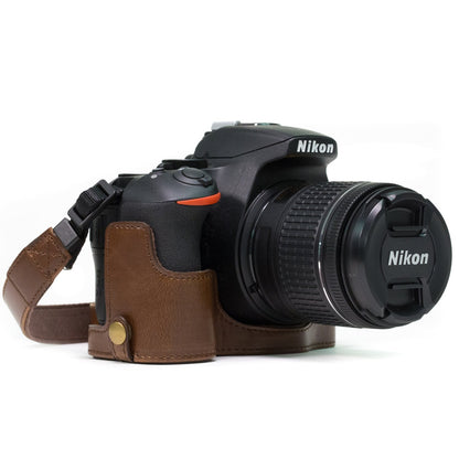 MegaGear Nikon D5600, D5500 Ever Ready Leather Camera Half Case and Strap, with Battery Access - Dark Brown - MG1171 - Hatke