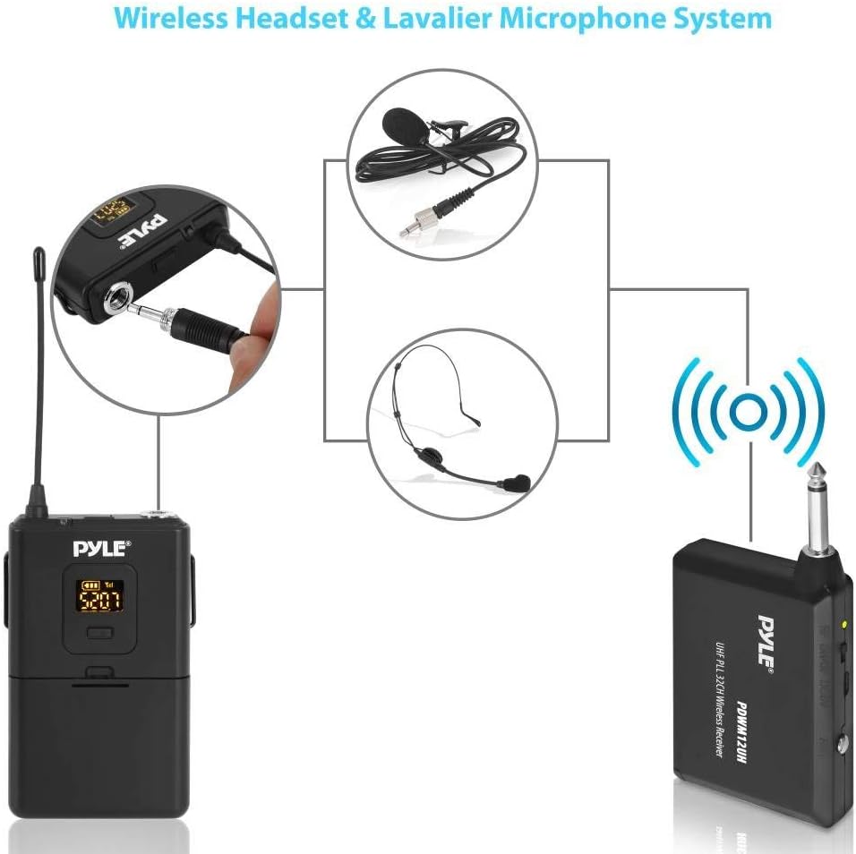 Pyle UHF 32-Channels Wireless Microphone - System Set w/ Headset & Lavalier Lapel Microphones, Beltpack Transmitter, Clip on Lavalier Mic & Receiver-Perfect for Karaoke & Conference - PDWM12UH,Black - Hatke