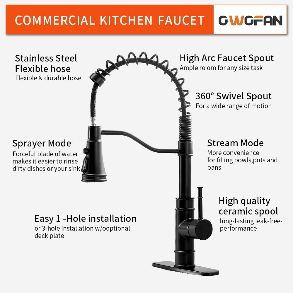 OWOFAN Kitchen Faucets with Pull Down Sprayer Solid Brass Matte Black Industrial Single Handle One Hole Or 3 Hole Faucet for Farmhouse Camper Laundry Utility RV Wet Bar Sinks - Hatke