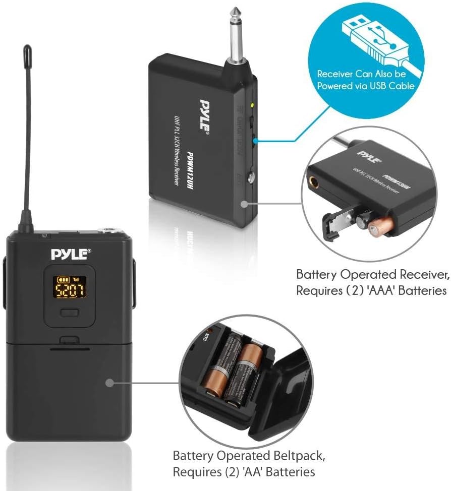 Pyle UHF 32-Channels Wireless Microphone - System Set w/ Headset & Lavalier Lapel Microphones, Beltpack Transmitter, Clip on Lavalier Mic & Receiver-Perfect for Karaoke & Conference - PDWM12UH,Black - Hatke