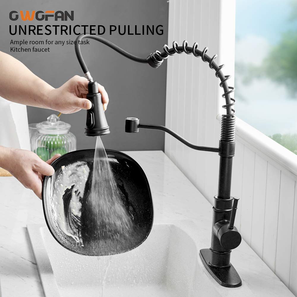 OWOFAN Kitchen Faucets with Pull Down Sprayer Solid Brass Matte Black Industrial Single Handle One Hole Or 3 Hole Faucet for Farmhouse Camper Laundry Utility RV Wet Bar Sinks - Hatke