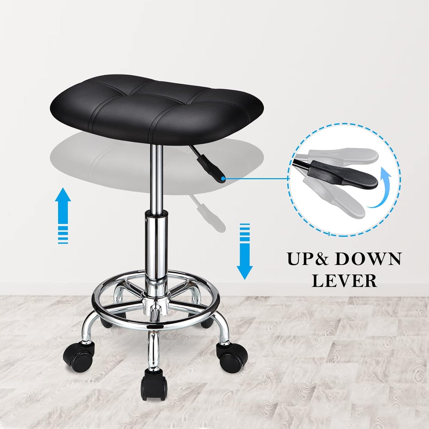 HMTOT Square Rolling Stool with Wheels Height Adjustable Swivel Stools Black - Hatke