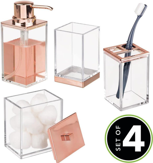 mDesign Plastic Bathroom Vanity Countertop Accessory Set - Includes,Soap Dispenser, Toothbrush Holder, Lidded Canister, and Tumbler Rinsing Cup; Lumiere Collection - Set of 4 - Clear/Rose Gold - Hatke