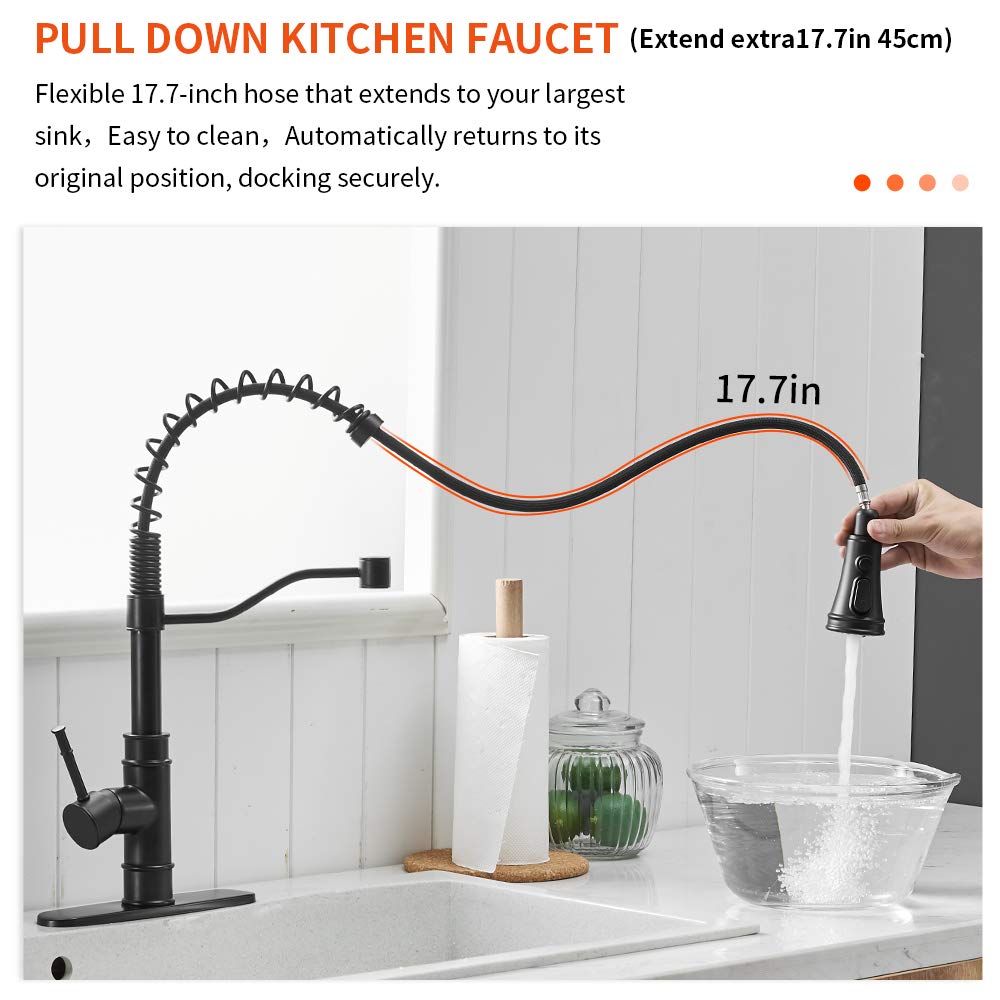 OWOFAN Kitchen Faucets with Pull Down Sprayer Solid Brass Matte Black Industrial Single Handle One Hole Or 3 Hole Faucet for Farmhouse Camper Laundry Utility RV Wet Bar Sinks - Hatke