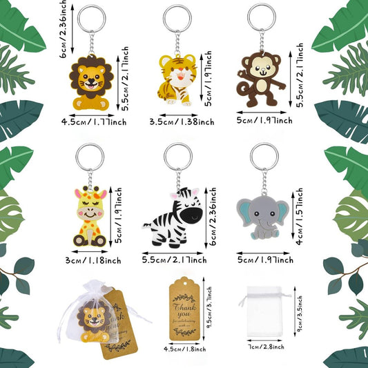 6 Sets/ 18 Pieces Cute Jungle Mix Animal Keychains Safari Baby Shower Decorations Zoo Animals Decoration with Thanks Tags and Organizer Bags for Boy Girl Birthday Favor