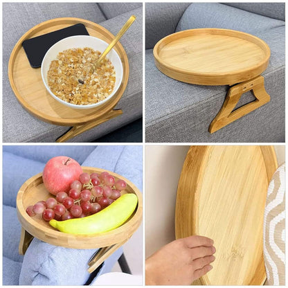 Bamboo Sofa Armrest Clip-On Tray | Ideal for Remote/Drinks/Phone (Round Shape) - Hatke