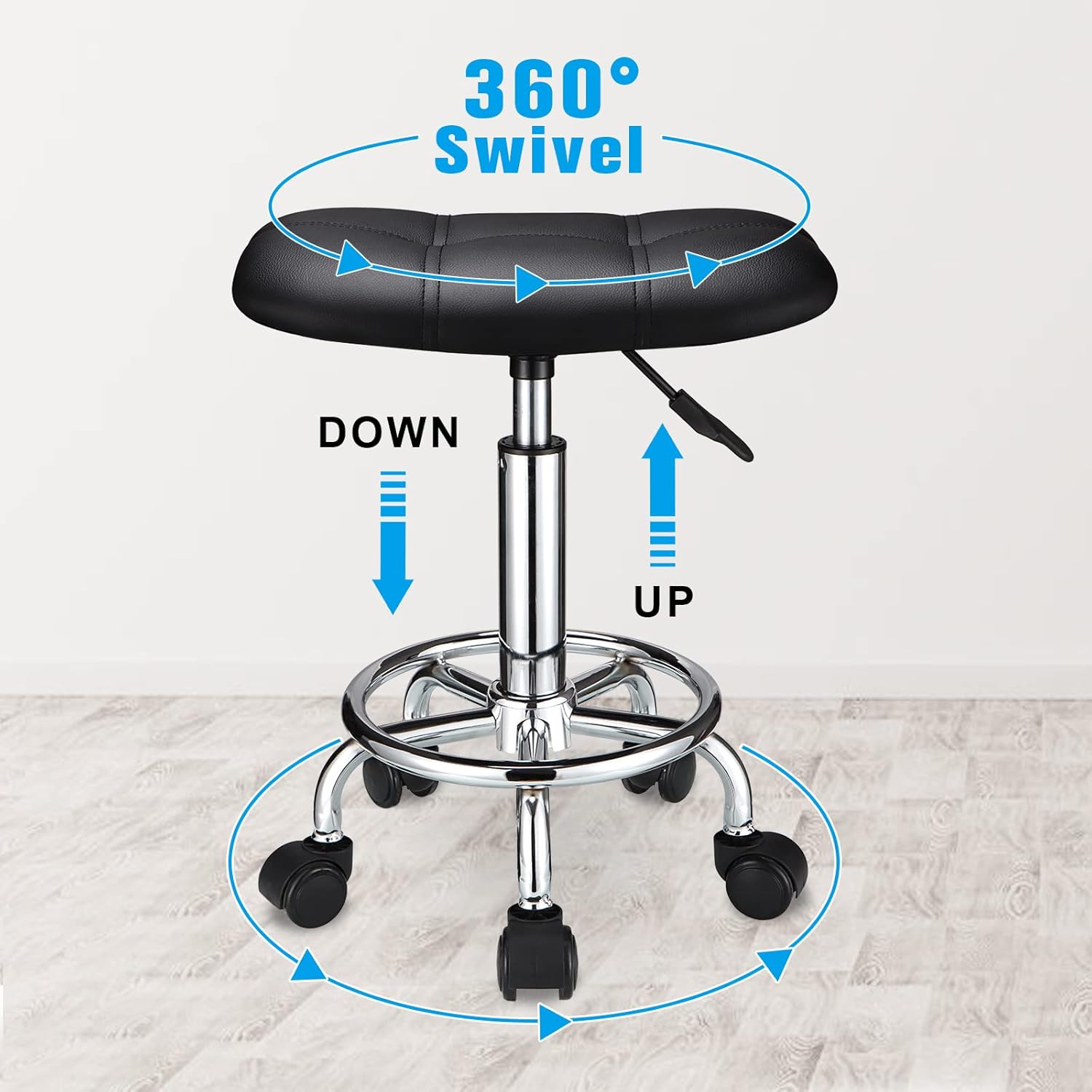 HMTOT Square Rolling Stool with Wheels Height Adjustable Swivel Stools Black - Hatke