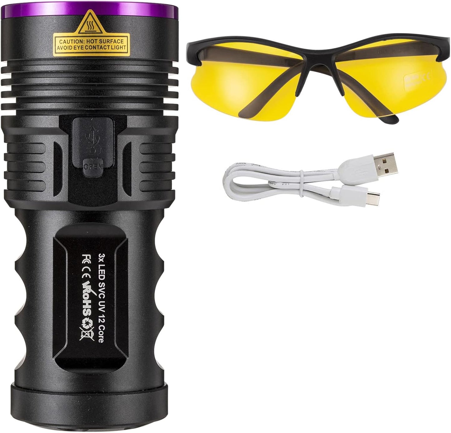 Alonefire 36W 365nm UV Torch USB Rechargeable Black Light with UV Safety Glasses, 4 x Battery - Hatke