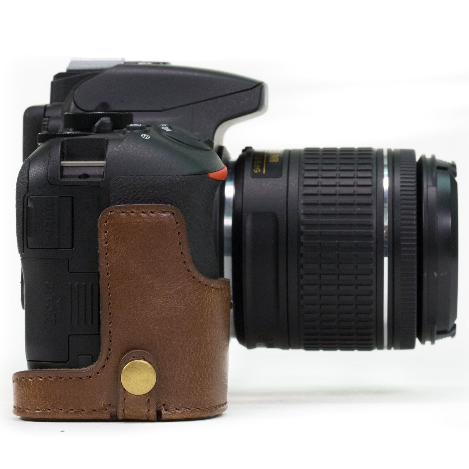 MegaGear Nikon D5600, D5500 Ever Ready Leather Camera Half Case and Strap, with Battery Access - Dark Brown - MG1171 - Hatke