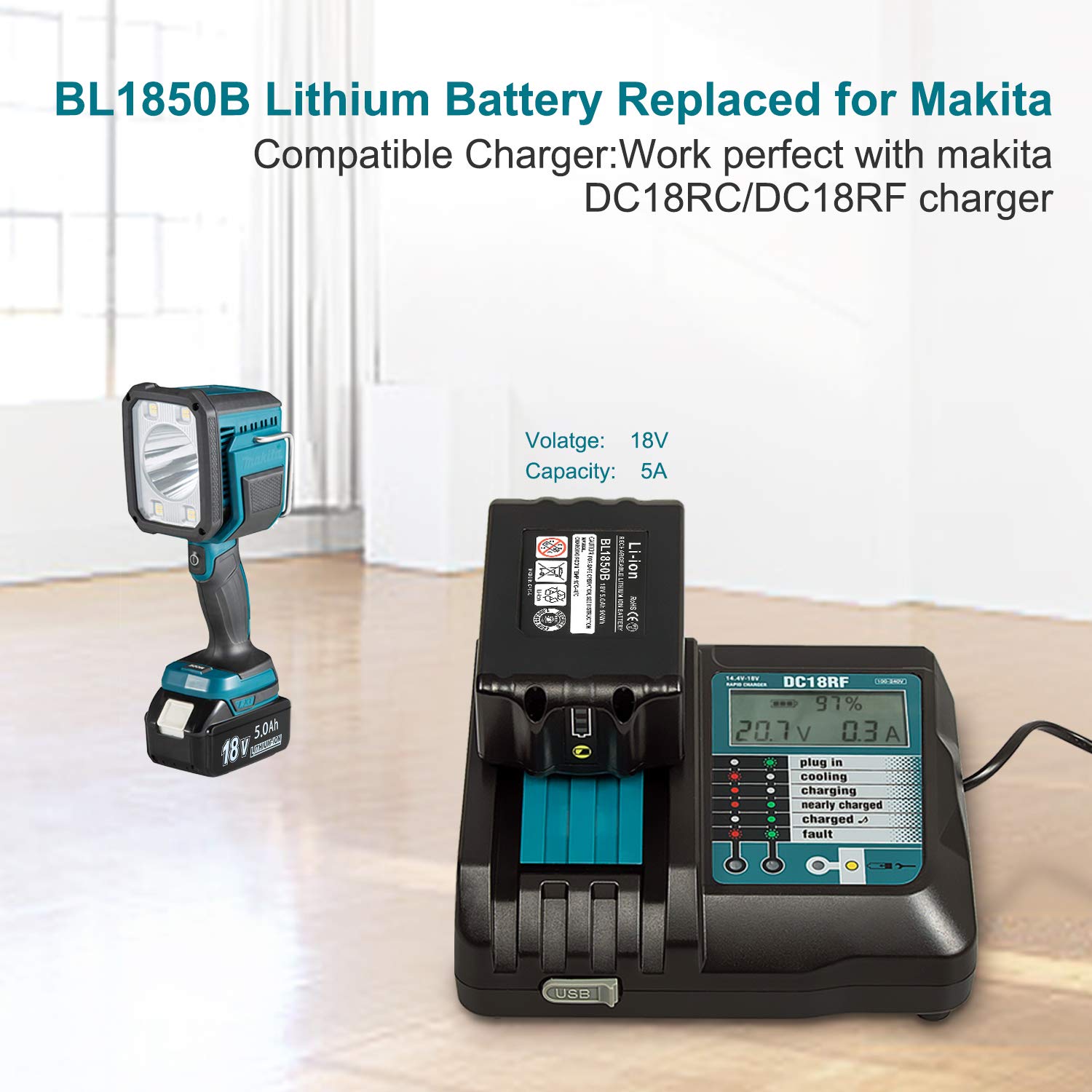 Upgraded 5.0Ah 18V BL1850B with LED Replacement Lithium-ion Battery Compatible with Makita 18 Volt Battery for Compatible Makita 18V Lithium-Ion Cordless Power Tools - Hatke