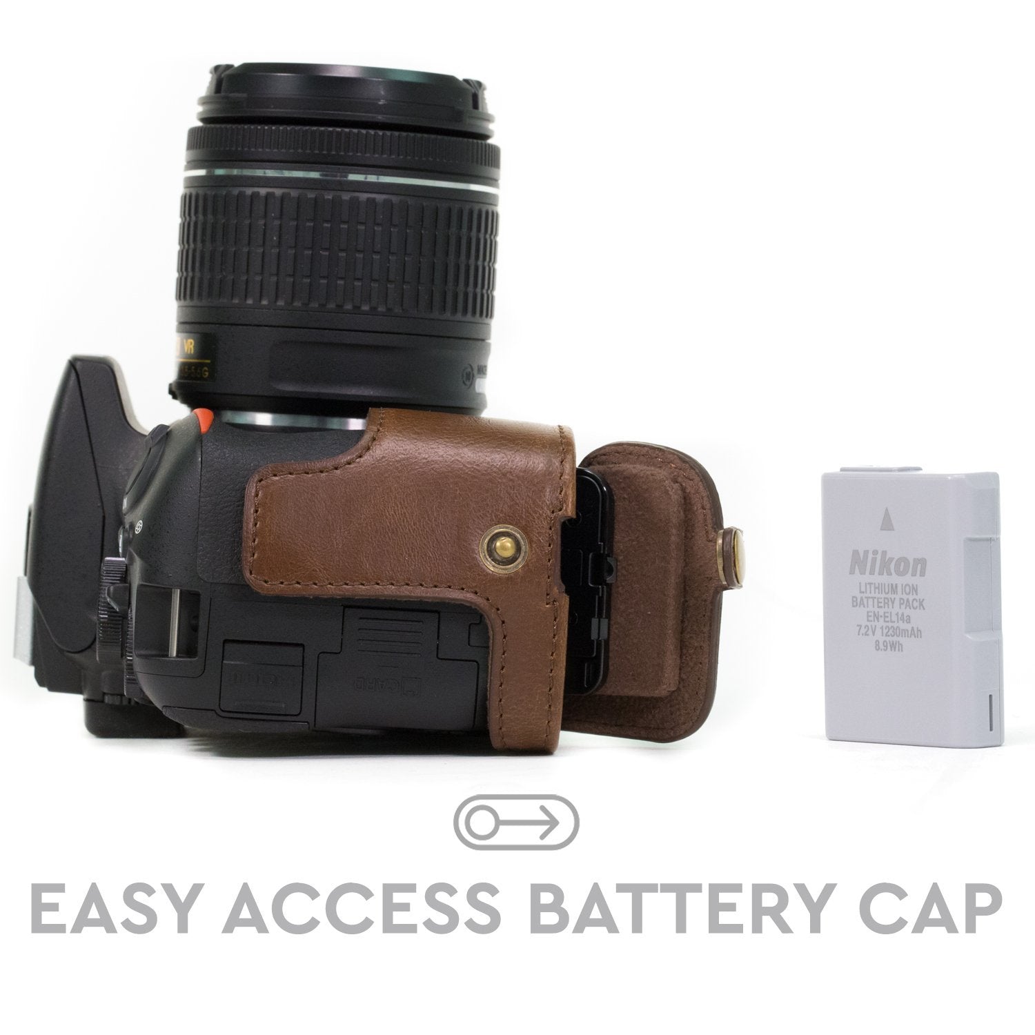 MegaGear Nikon D5600, D5500 Ever Ready Leather Camera Half Case and Strap,  with Battery Access - Dark Brown - MG1171