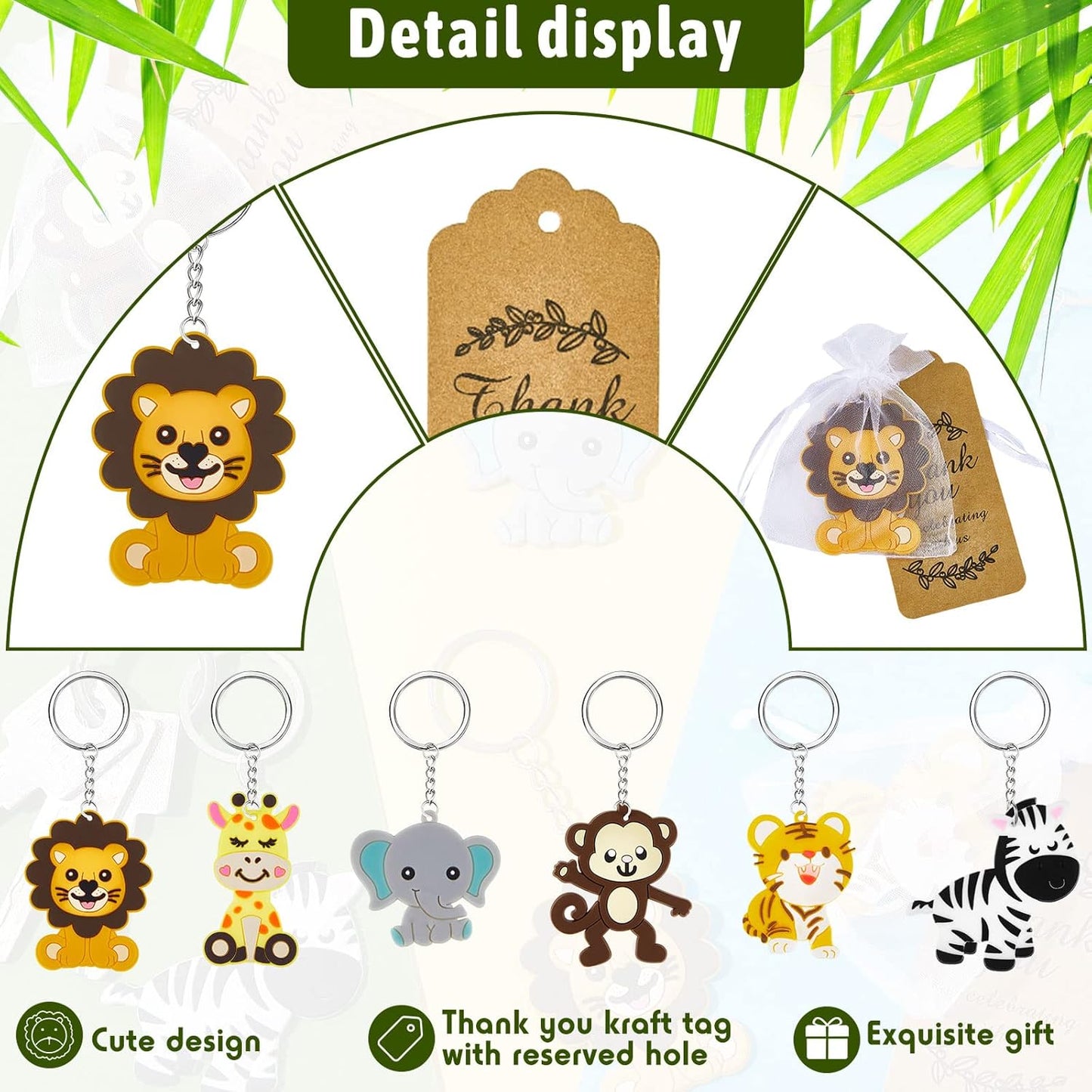 6 Sets/ 18 Pieces Cute Jungle Mix Animal Keychains Safari Baby Shower Decorations Zoo Animals Decoration with Thanks Tags and Organizer Bags for Boy Girl Birthday Favor - Hatke