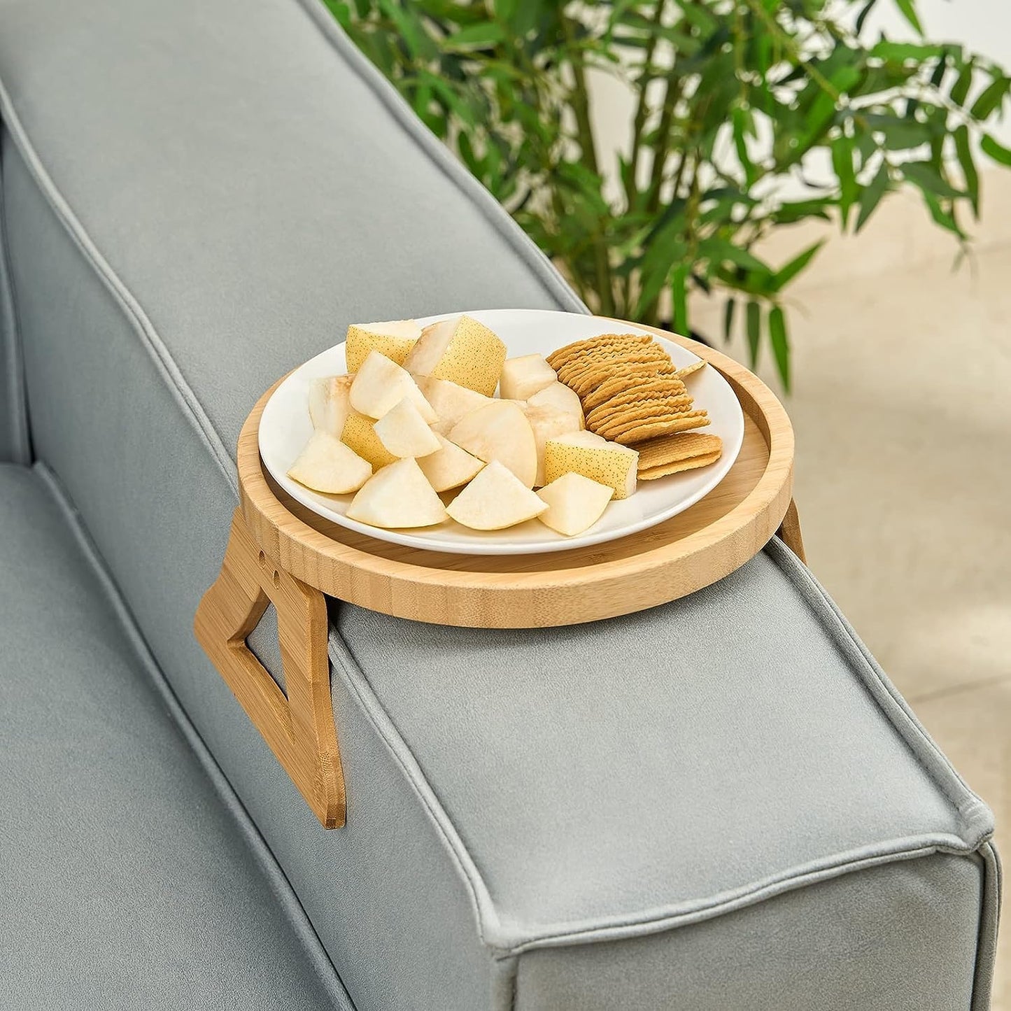 Bamboo Sofa Armrest Clip-On Tray | Ideal for Remote/Drinks/Phone (Round Shape) - Hatke