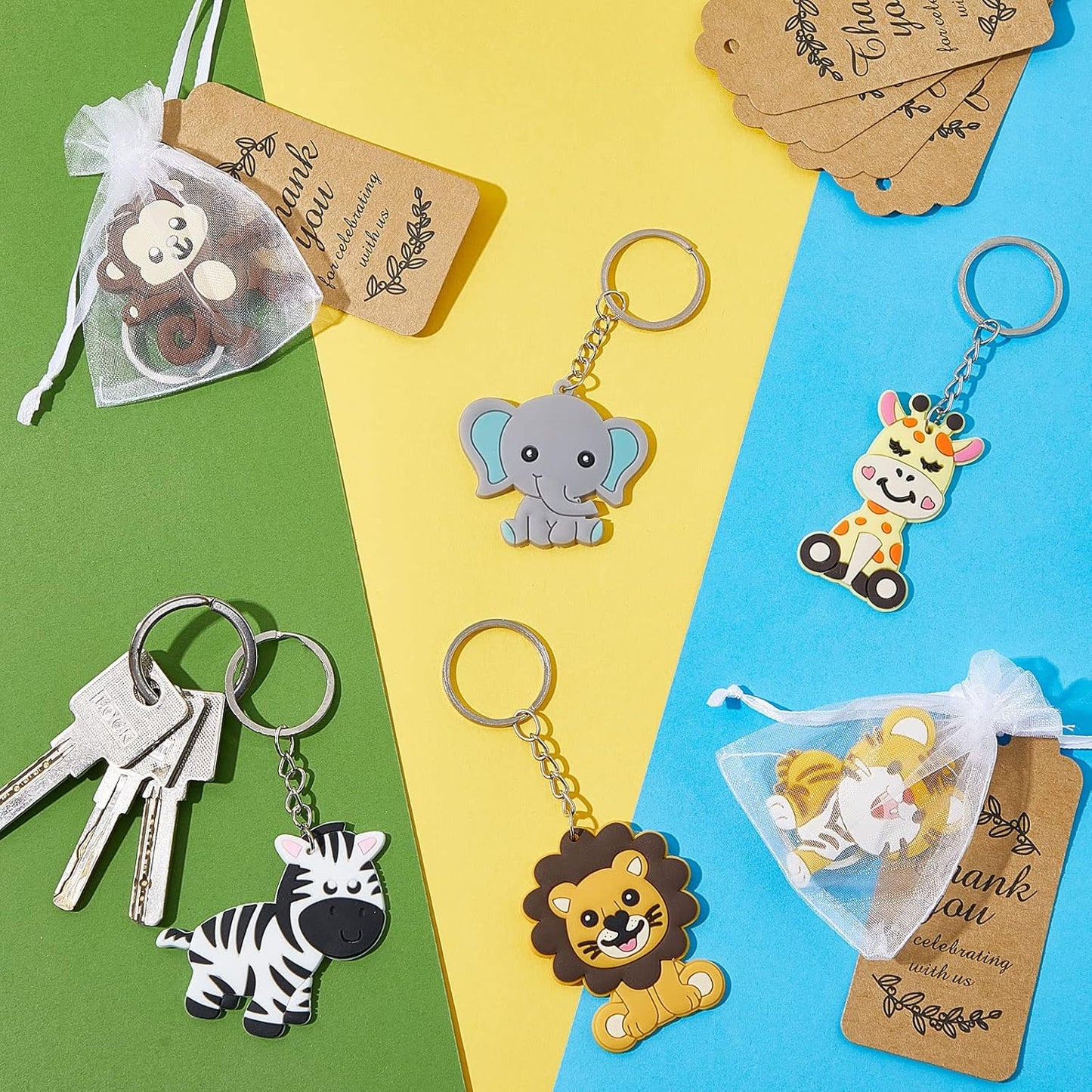 6 Sets/ 18 Pieces Cute Jungle Mix Animal Keychains Safari Baby Shower Decorations Zoo Animals Decoration with Thanks Tags and Organizer Bags for Boy Girl Birthday Favor - Hatke