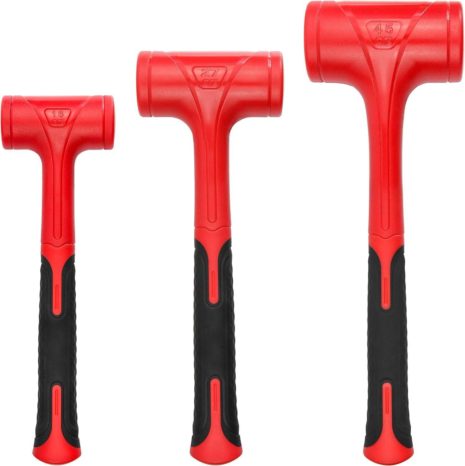 3-Piece Dead Blow Hammer Set - 16 oz, 27 oz, 45 oz - Red & Black, Shockproof, No-Rebound, Unibody Molded Grip, Spark & Rebound Resistant (YY-3-013) - Hatke