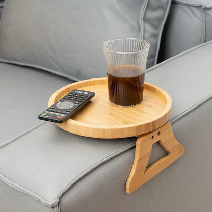 Bamboo Sofa Armrest Clip-On Tray | Ideal for Remote/Drinks/Phone (Round Shape) - Hatke