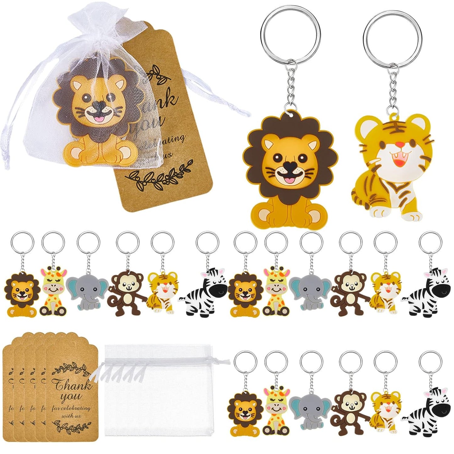 6 Sets/ 18 Pieces Cute Jungle Mix Animal Keychains Safari Baby Shower Decorations Zoo Animals Decoration with Thanks Tags and Organizer Bags for Boy Girl Birthday Favor - Hatke