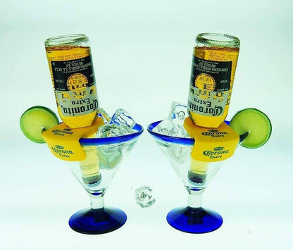 Mexican Glass Margarita Blue Rim 15 Oz with Coronarita Clips Corona Beer Holders (Set of 2) - Hatke