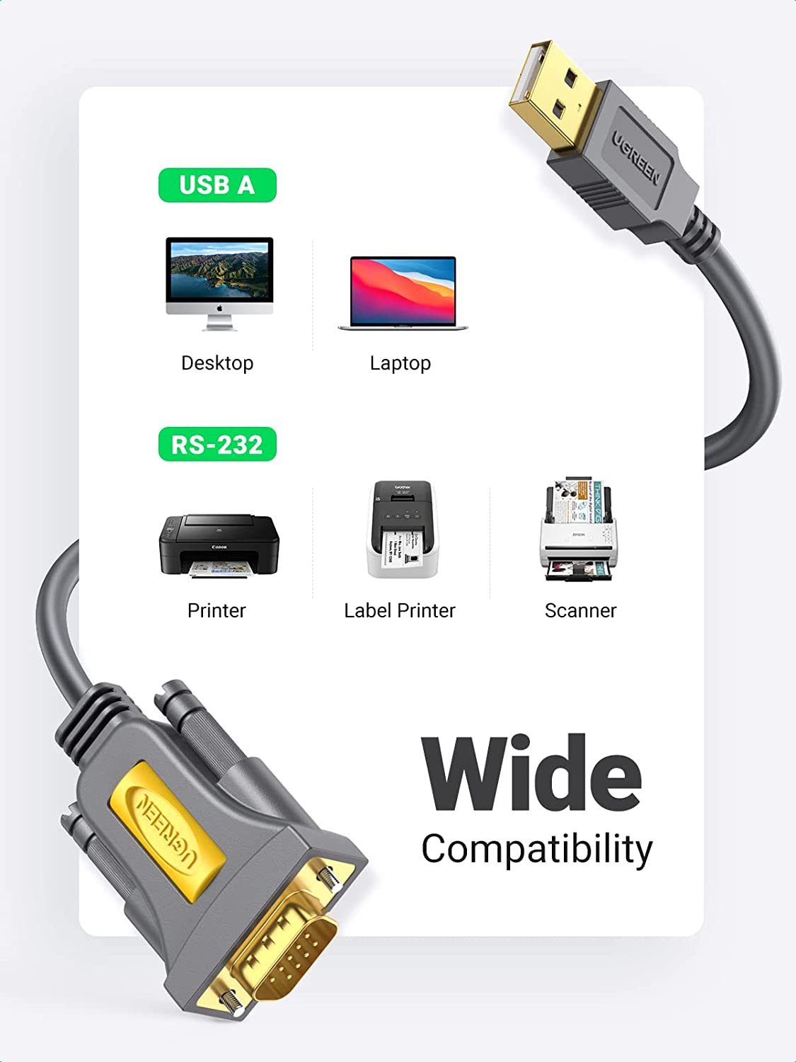 UGREEN USB to RS232 Adapter Serial Cable DB9 Male 9 Pin with PL2303 Chipset RS-232 Converter Cable for Windows 10 8.1 8 7 XP Vista, Mac OS, Linux - Hatke