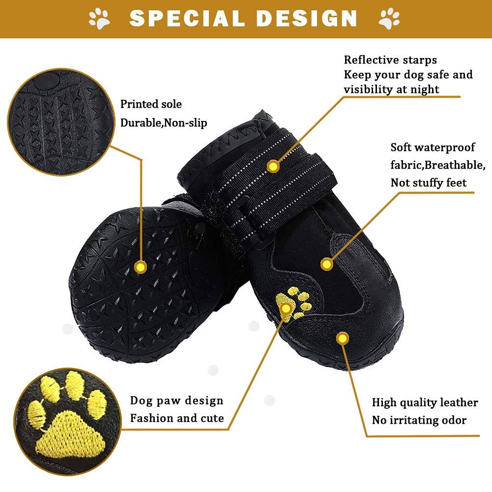 PK.ZTopia Waterproof Dog Boots, Dog Outdoor Shoes, Dog Rain Boots, Running Shoes for Medium to Large Dogs with Two Reflective Fastening Straps and Rugged Anti-Slip Sole (2.95" x 2.52",Black 4PCS) - Hatke