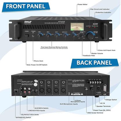 Pyle Home PT610 19-Inch Rack Mount 600-Watt Power Amplifier/Mixer with 70V Output - Hatke