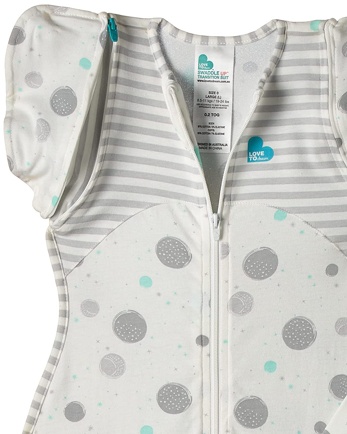 Love To Dream Swaddle UP Transition Suit 0.2 TOG, White, Large (8.5-11 kg / 19-24 lbs) Patented Zip-Off Wings and Unique Self-Soothing Sleeves, Safely Transition from Swaddled to Arms-Free Before Rolling Over - Hatke