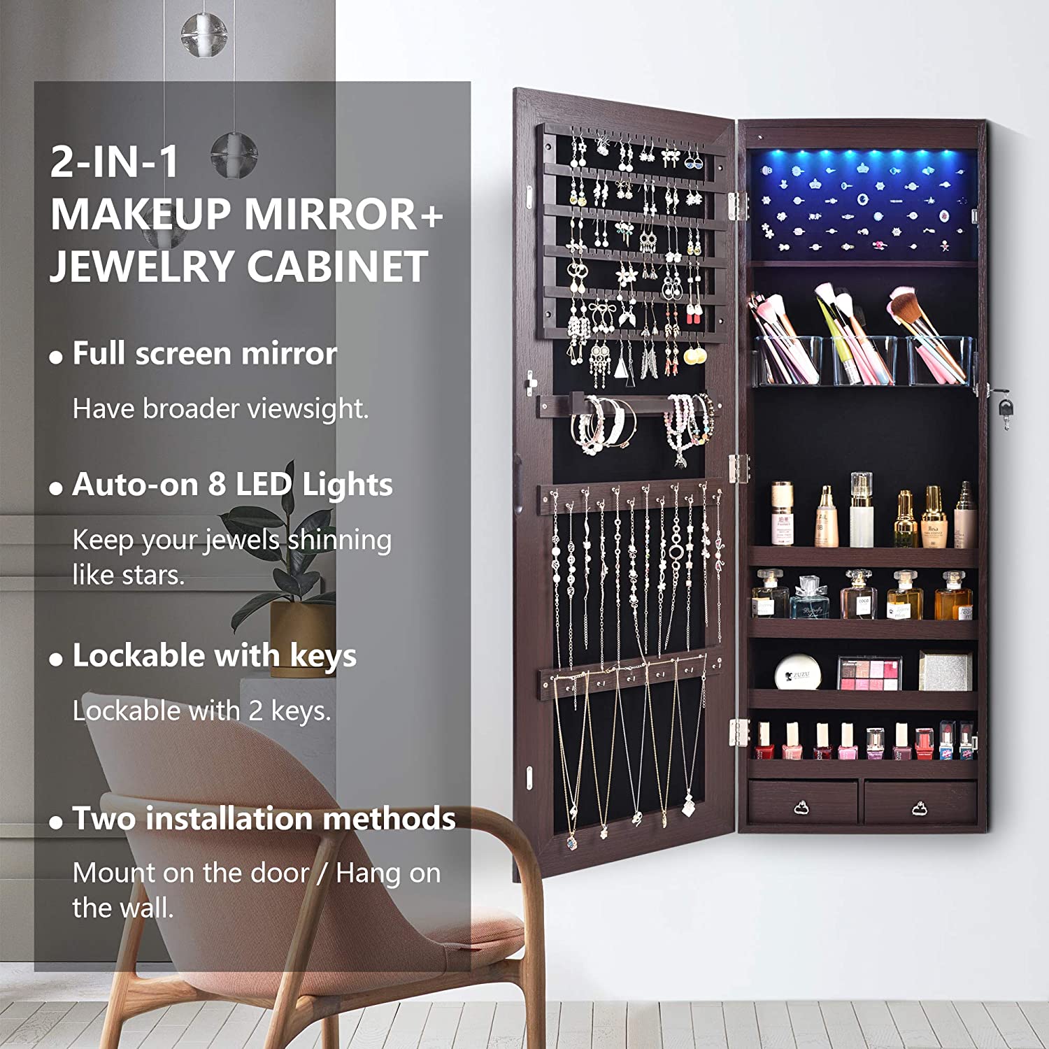 Full-Length HD Silver Glass Makeup Mirror + Jewelry Cabinet Lockable With 8 Auto-On LED Lights Wall Mounted / Over The Door - Brown - Hatke