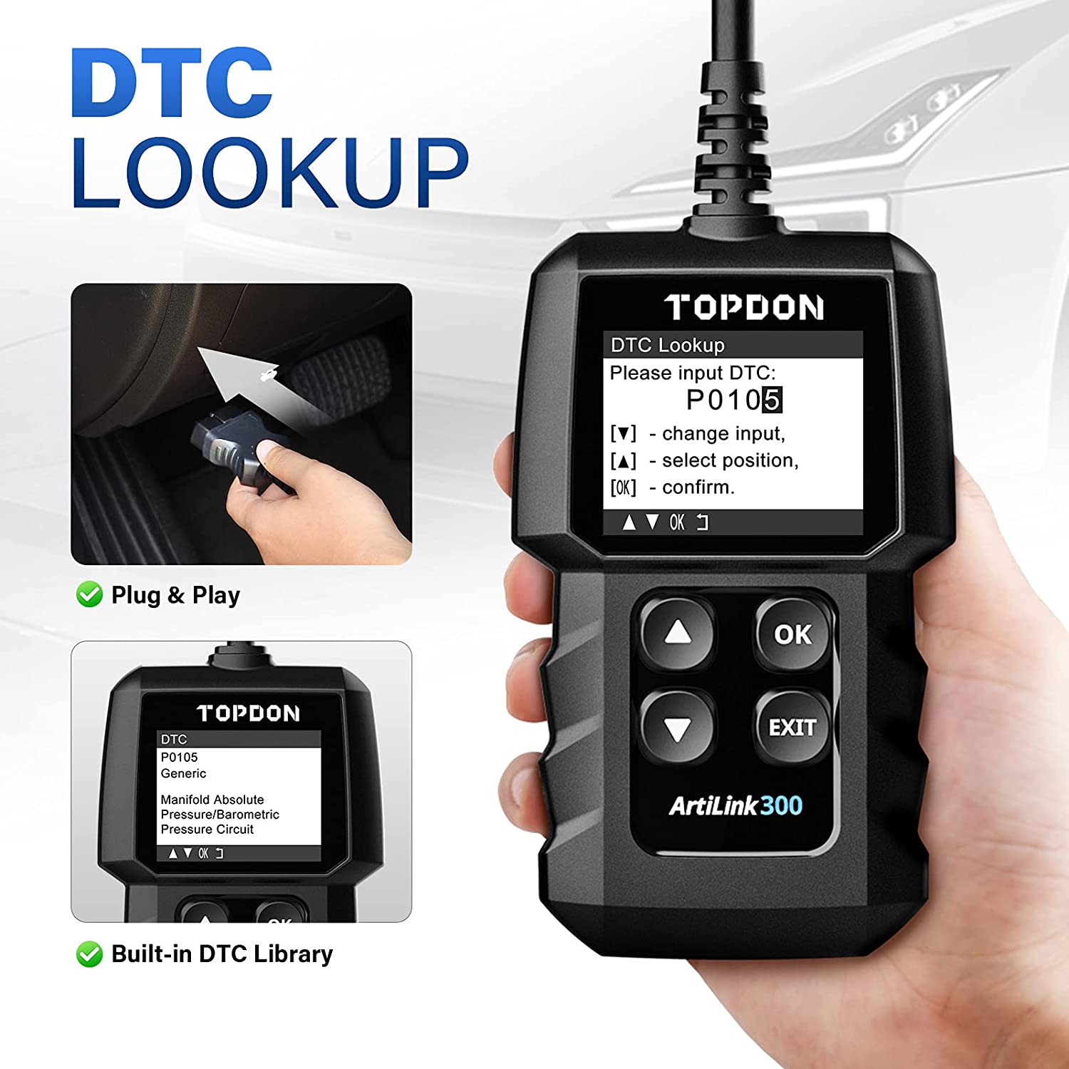 TT TOPDON ArtLink 300 OBD2 Scanner OBD2 Car Engine Fault Code Reader AL300 Diagnostic Scan Tool with Full OBD2 Functions Turn Off Check Engine Light Check Emissions for DIY Home Mechanics (OPEN BOX) - Hatke