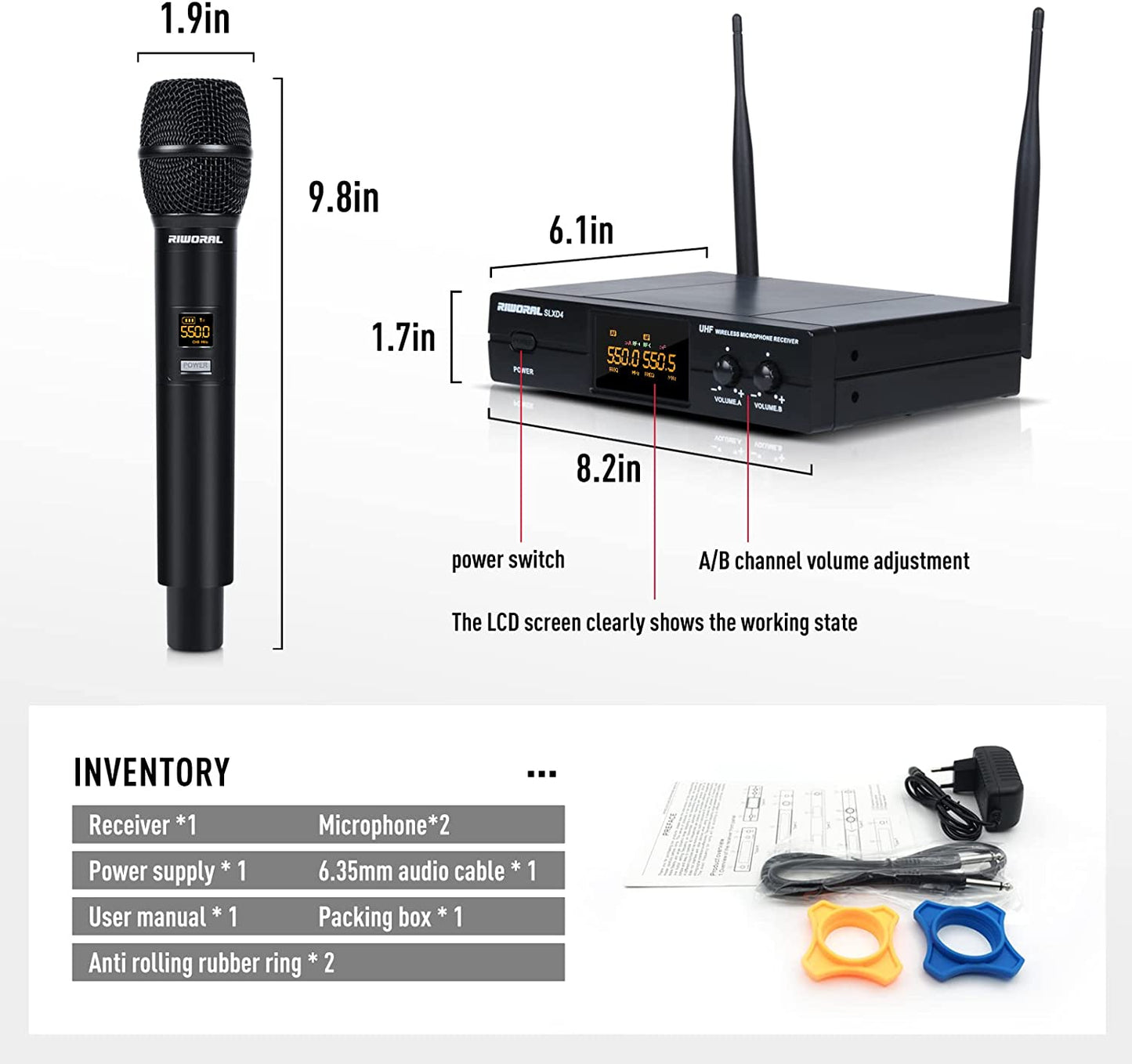 Riworal Wireless Microphone System Uhf Cordless Handheld Dual Mic Set Dynamic with BT Receiver Box + Volume Control (SLXD4) - Hatke