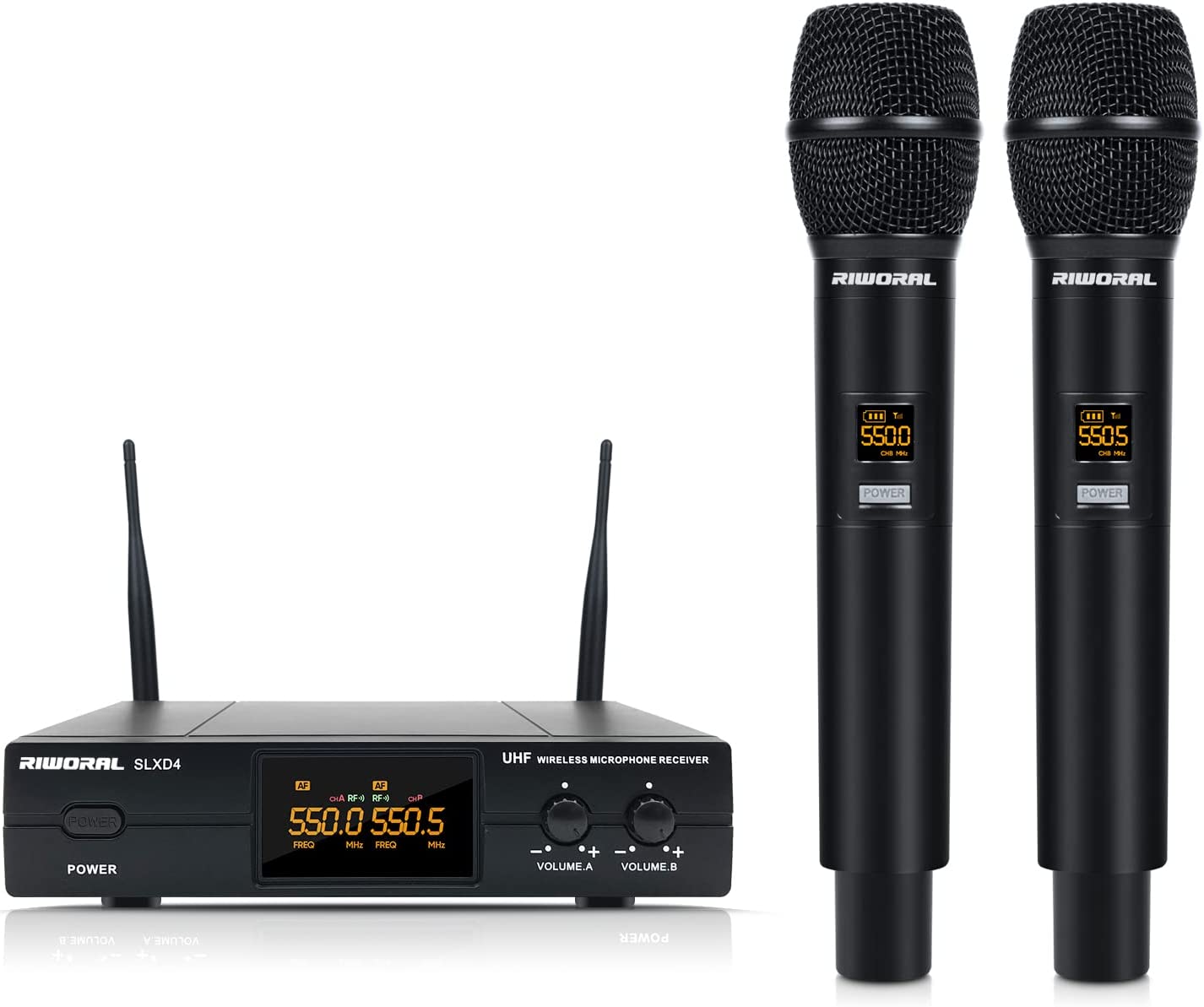 Riworal Wireless Microphone System Uhf Cordless Handheld Dual Mic Set Dynamic with BT Receiver Box + Volume Control (SLXD4) - Hatke