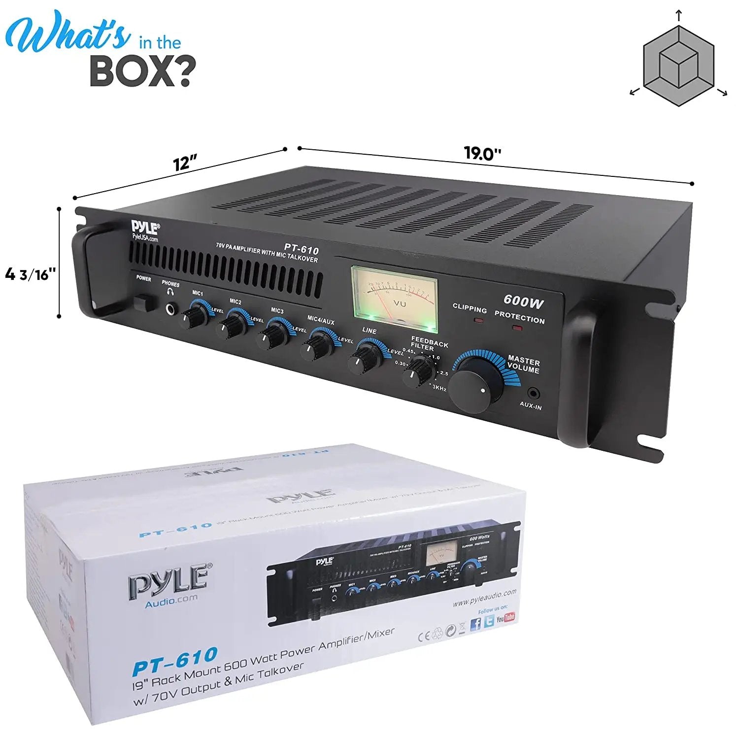 Pyle Home PT610 19-Inch Rack Mount 600-Watt Power Amplifier/Mixer with 70V Output - Hatke