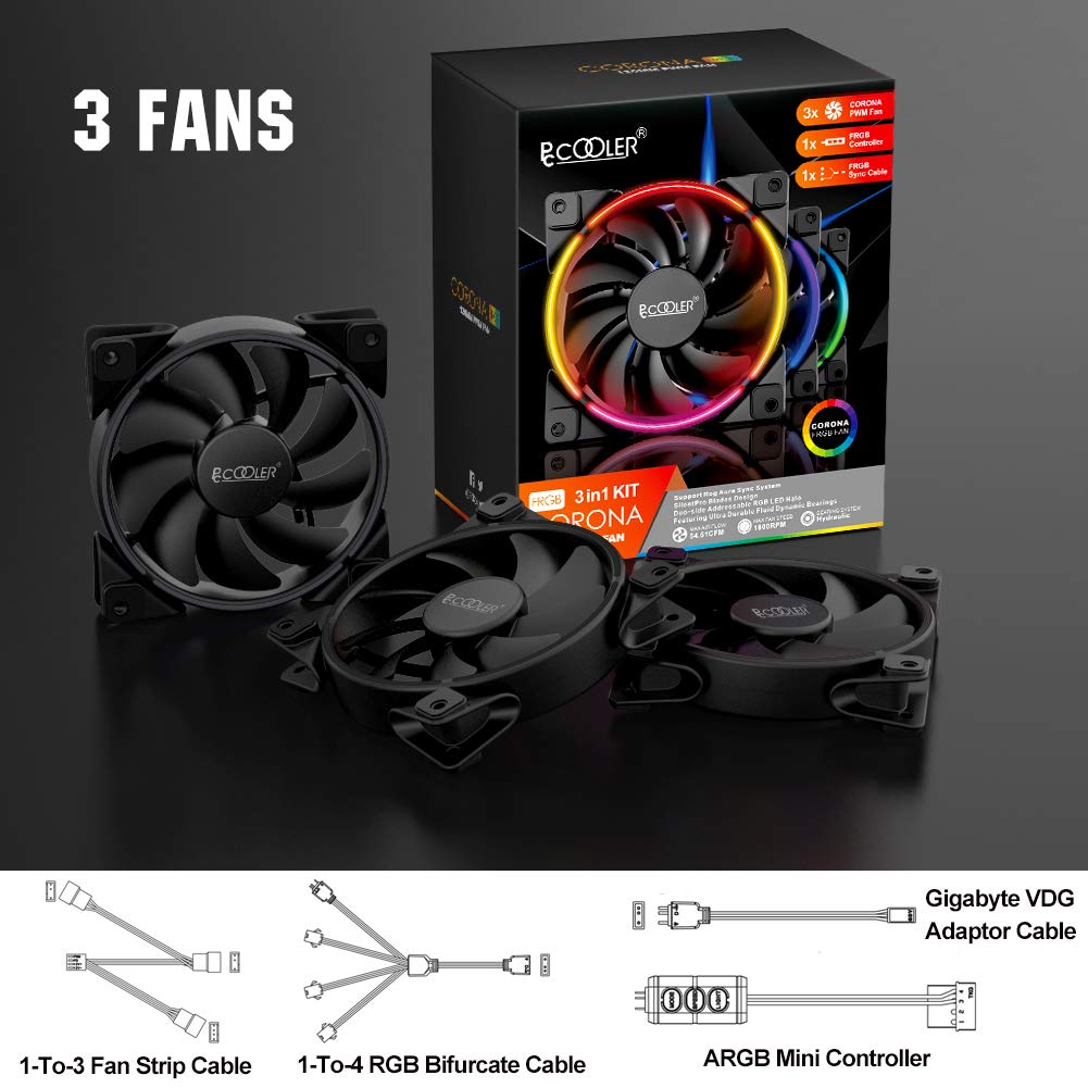 Pccooler 120mm 3 pcs Fan Moonlight Series, PC-3M120 RGB LED Computer Case Fan - PWM PC Cooling Fan - Dual Light Loop Quiet Fan/Multiple Light Modes with Controller for PC Cases, CPU Coolers - Hatke