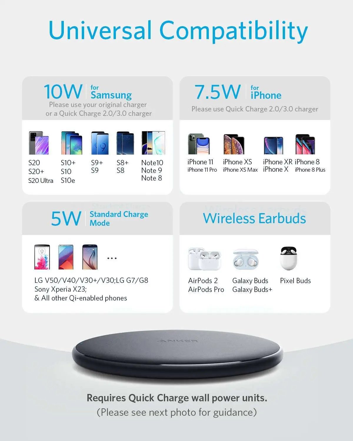 Anker Powerwave Pad Wireless Charger, Upgraded 10W Max, 7.5W for iPhone 11, Pro, Max, XS Max, XR, XS, X, 8, Plus, 10W Fast-Charging Galaxy S10 S9 S8, Note 10 Note 9 Note 8 (No AC Adapter) - A2503 - Hatke