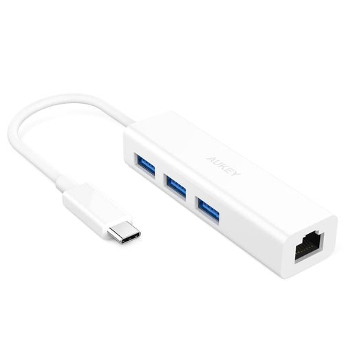 Aukey USB C To 3 Ports USB 3.0 Hub With Gigabit Ethernet Adapter CB-C17 (White) - Hatke