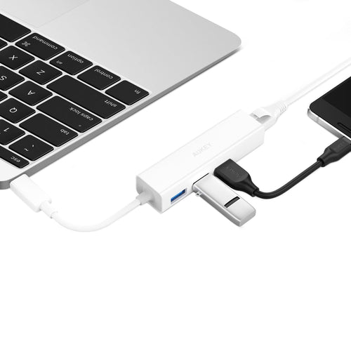 Aukey USB C To 3 Ports USB 3.0 Hub With Gigabit Ethernet Adapter CB-C17 (White) - Hatke