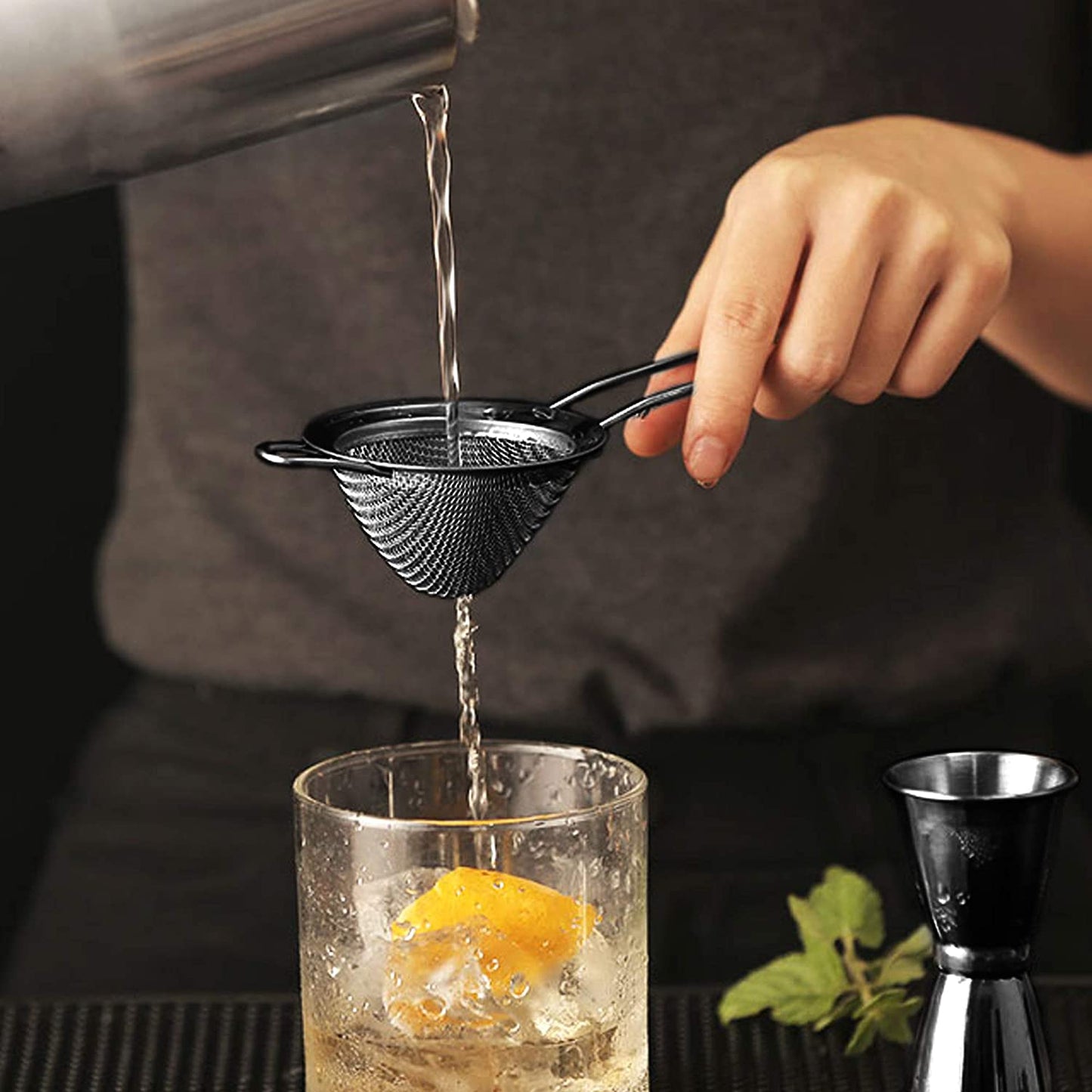 Black Cocktail Strainer Fine Mesh Strainer Stainless Steel Small Strainer Conical Food Strainers 3.3 inch Coffee Strainer with Long Handle Double Straining Utensil by Homestia - Hatke