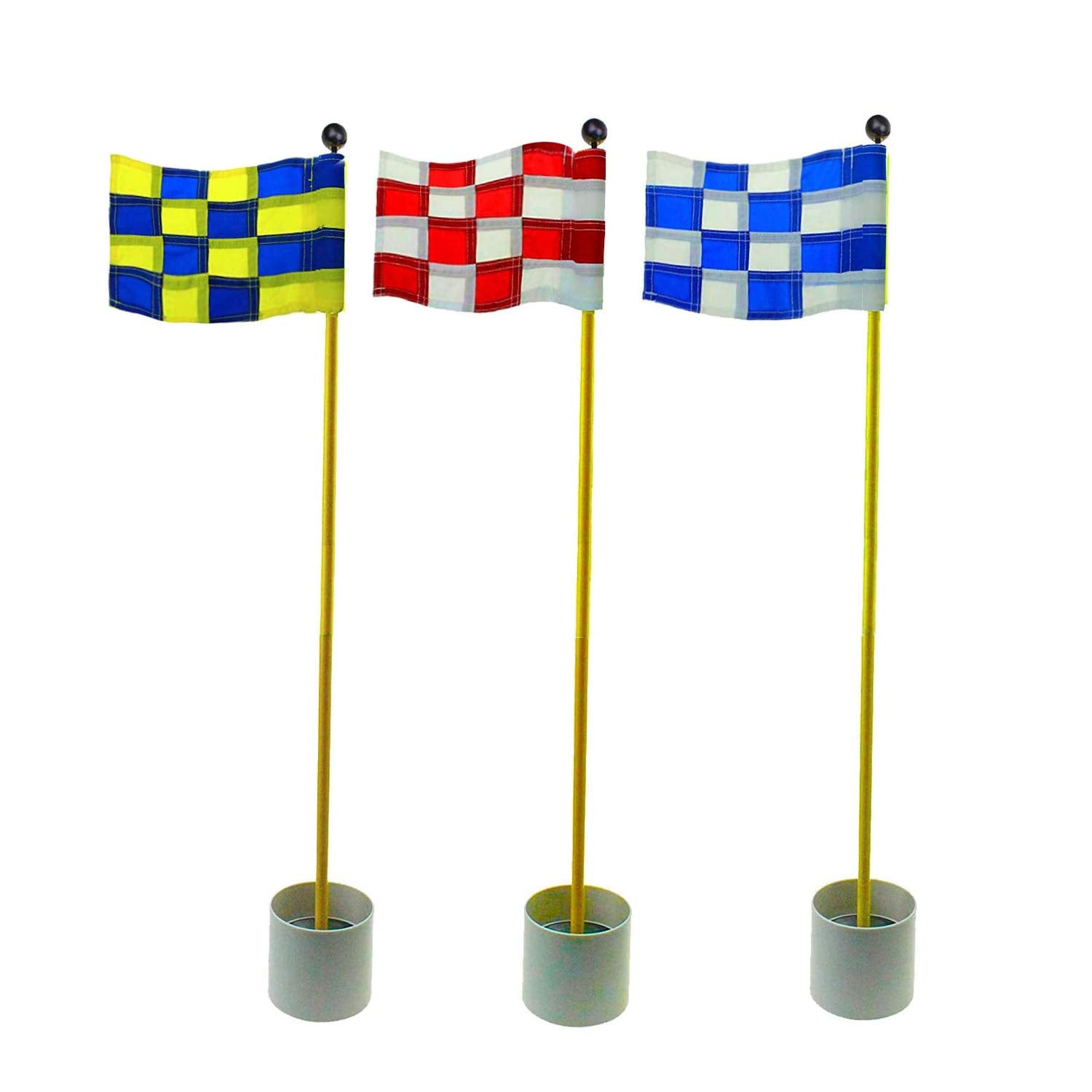 Crestgolf 3Sets Backyard Practice Golf Hole Pole Cup Flag Stick, 3 Section, Golf Putting Flagstick (3 Different Checkered Flag) - Hatke