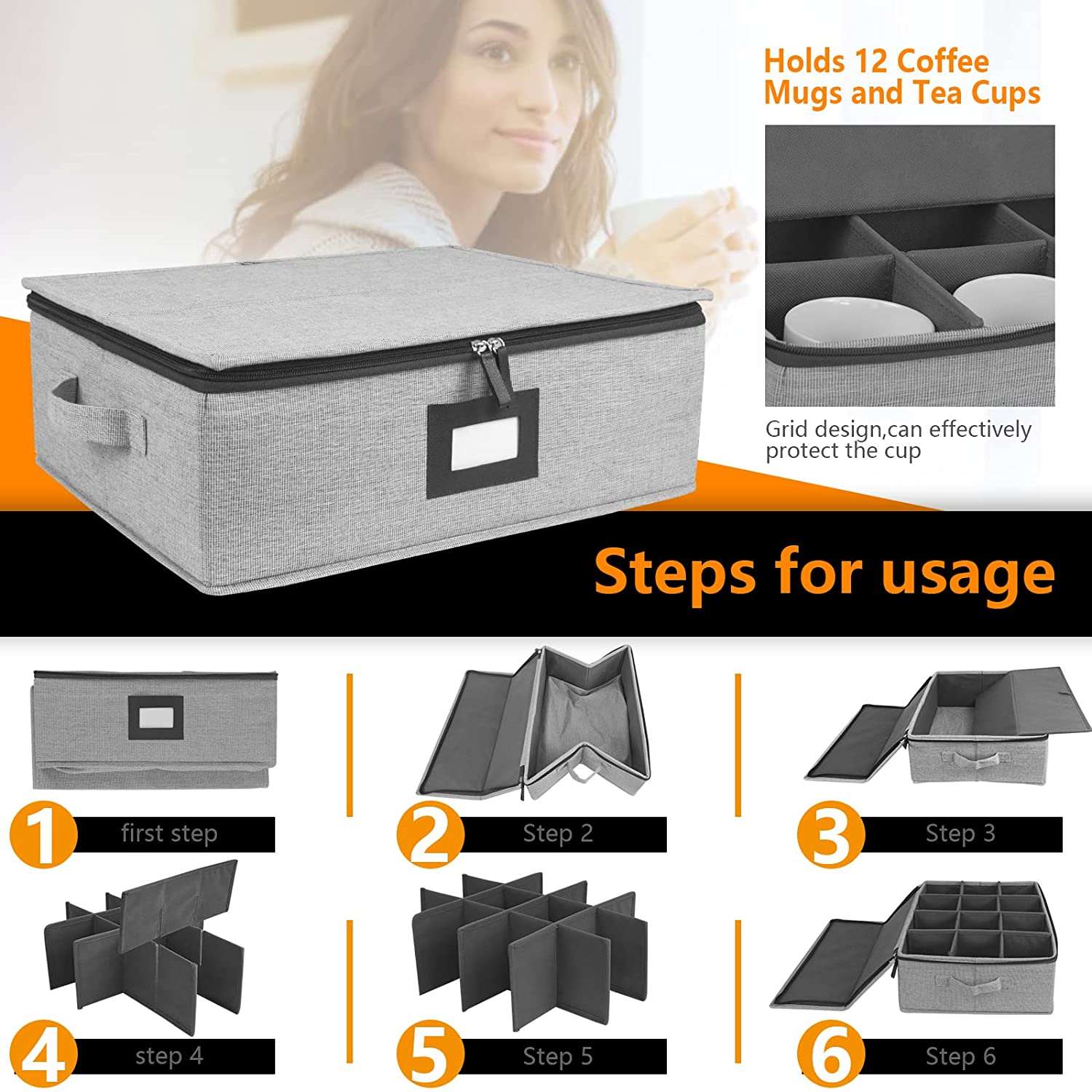 Cup/Mug Storage Chest Box with Lid and Handles, Holds 12 Coffee Mugs and Tea Cups, Hard Shell and Stackable (Grey) - Hatke