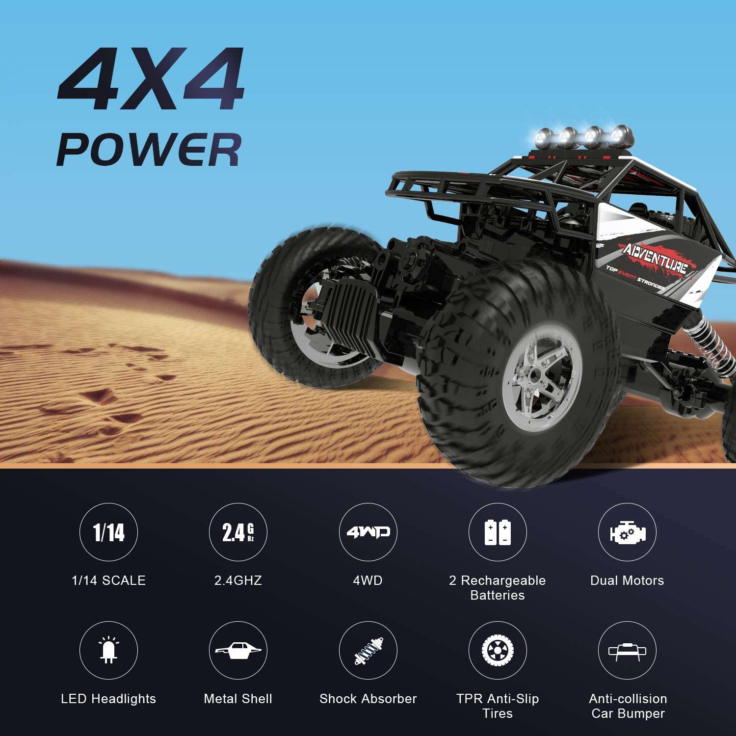 DEERC DE45 RC Cars Remote Control Car Off Road Monster Truck,1:16 Metal Shell 4WD Dual Motors LED Headlight Rock Crawler,2.4Ghz All Terrain Hobby Truck with 2 Batteries for 90 Min Play,Boy Adult Gifts - Hatke