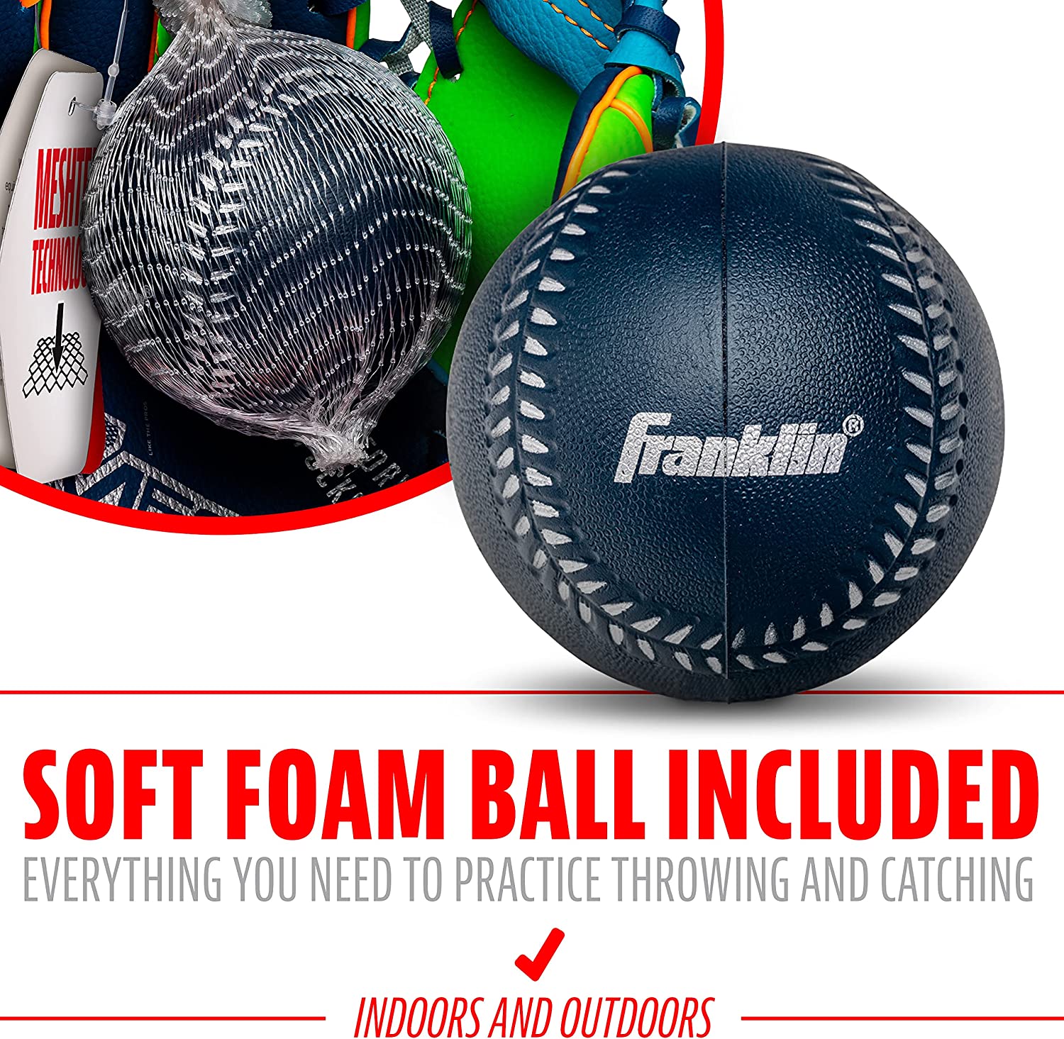 Franklin Sports Kids Tee Ball Meshtek Baseball Glove with Foam Ball Set - 9.5" Inch - Hatke