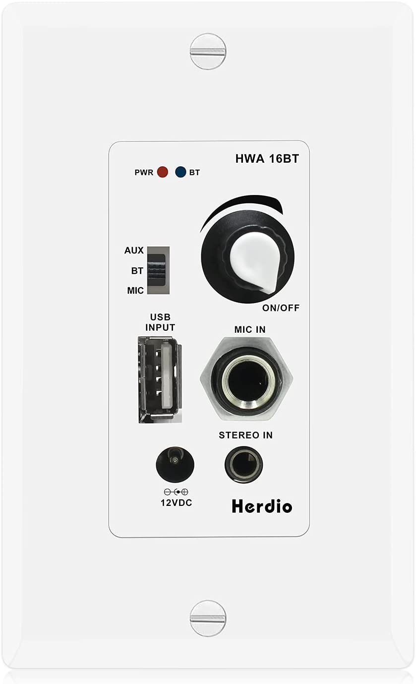 Herdio HMA-16BT in Wall Bluetooth Audio Control Amplifier Receiver Wall Plate with USB Microphone Aux (3.5mm) Input 100Watt Max Module for Sound Systems Home Theater Integration - Hatke