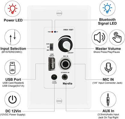 Herdio HMA-16BT in Wall Bluetooth Audio Control Amplifier Receiver Wall Plate with USB Microphone Aux (3.5mm) Input 100Watt Max Module for Sound Systems Home Theater Integration - Hatke