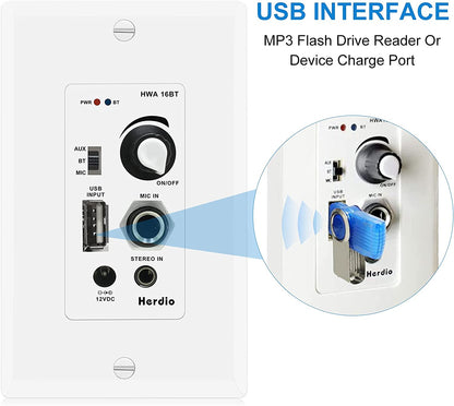 Herdio HMA-16BT in Wall Bluetooth Audio Control Amplifier Receiver Wall Plate with USB Microphone Aux (3.5mm) Input 100Watt Max Module for Sound Systems Home Theater Integration - Hatke