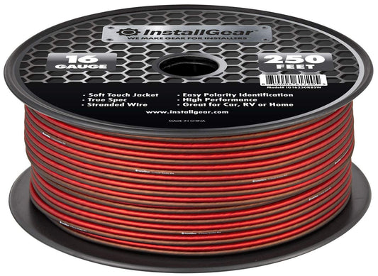 InstallGear 16 Gauge AWG Speaker Wire True Spec and Soft Touch Cable Wire (250ft Red/Black) | for Car Speakers, Stereos, Home Theater Speakers, Surround Sound, Radio | 16 Gauge Wire/Speaker Cable - Hatke