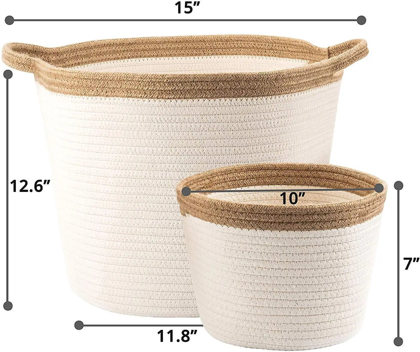 Little Hippo 2pc Large Cotton Rope Basket (15"x13") 100% Natural Cotton! Rope Basket, Woven Storage Basket, Large Basket, Blanket Basket Living Room, Toy Basket, Pillow Basket, Round Basket - Hatke