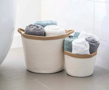 Little Hippo 2pc Large Cotton Rope Basket (15"x13") 100% Natural Cotton! Rope Basket, Woven Storage Basket, Large Basket, Blanket Basket Living Room, Toy Basket, Pillow Basket, Round Basket - Hatke