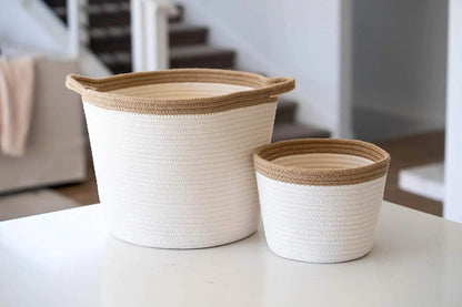 Little Hippo 2pc Large Cotton Rope Basket (15"x13") 100% Natural Cotton! Rope Basket, Woven Storage Basket, Large Basket, Blanket Basket Living Room, Toy Basket, Pillow Basket, Round Basket - Hatke