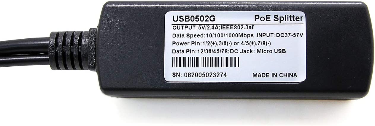 Active PoE Splitter Power Over Ethernet 48V to 5V 2.4A Micro USB Plug for  RPi B/B+/2/3