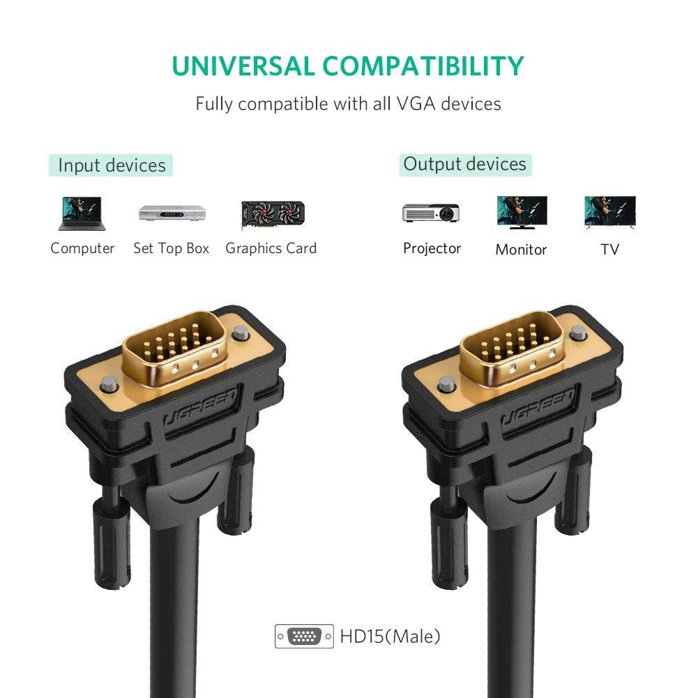 UGREEN VGA Male to Male Video Coaxial Monitor Cable with Ferrite Cores Gold Plated Compatible for Projectors - Hatke