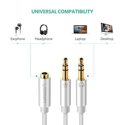 UGREEN Headphone Splitter for Computer 3.5mm Female to 2 Dual 3.5mm Male Headphone Mic Audio Y Splitter Cable Smartphone Headset to PC Adapter (White) - 20897 - Hatke